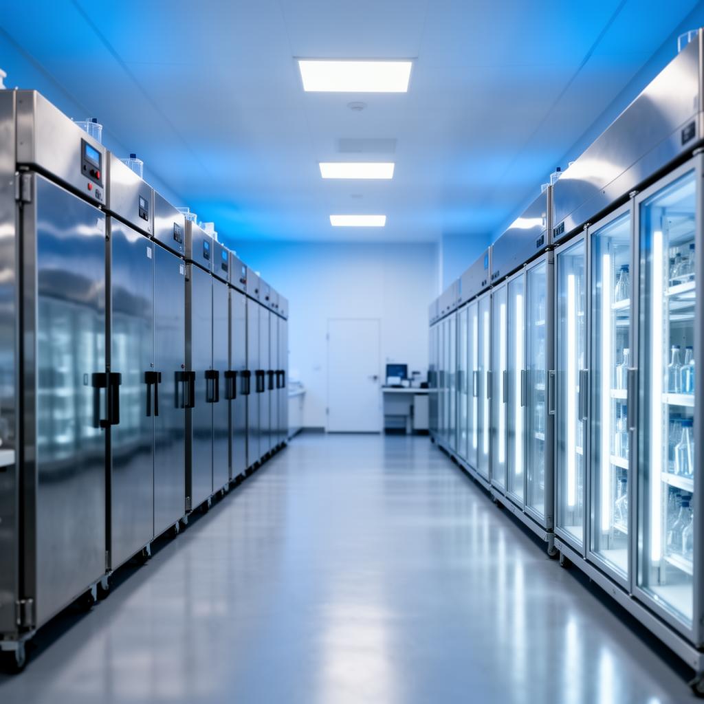 A modern laboratory lined with ultra-low temperature freezers and refrigerators