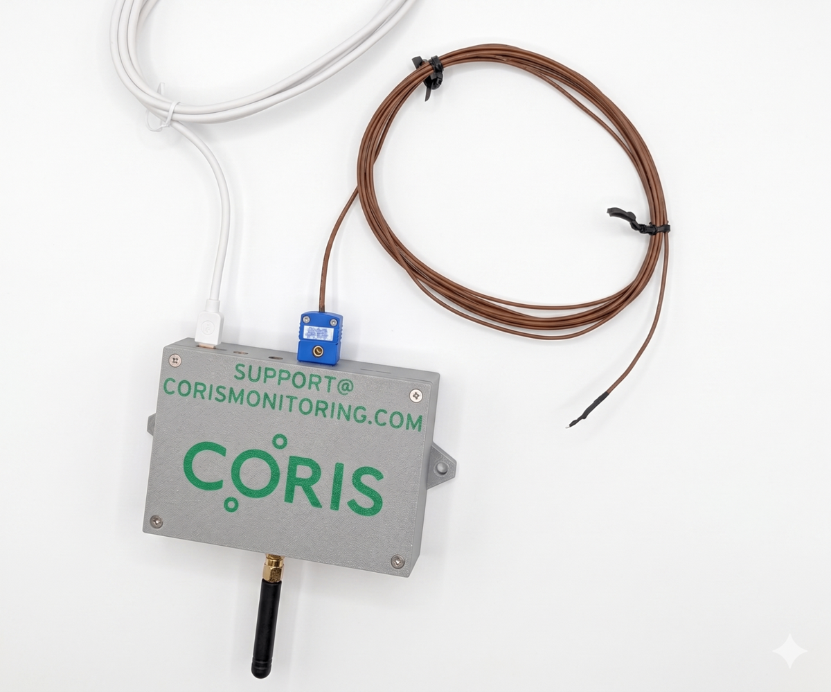 CORIS wireless temperature monitoring sensor on a lab freezer