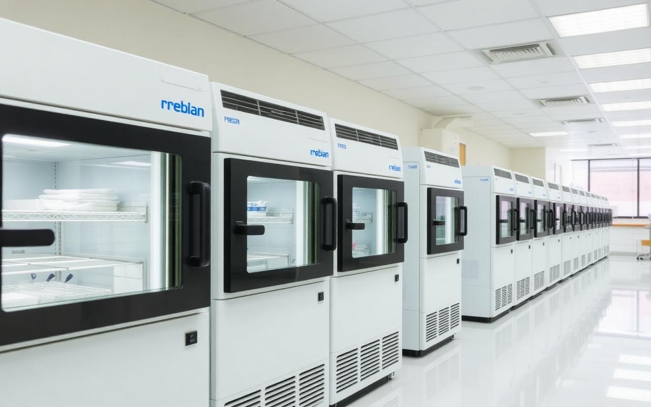 Ultra-low laboratory freezer with a temperature monitoring sensor attached