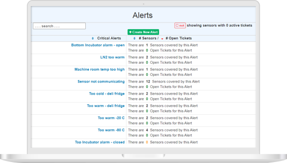 Screenshot of alerts on the CORIS Temperature Monitoring software