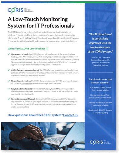 CORIS low-touch monitoring system sales sheet thumbnail