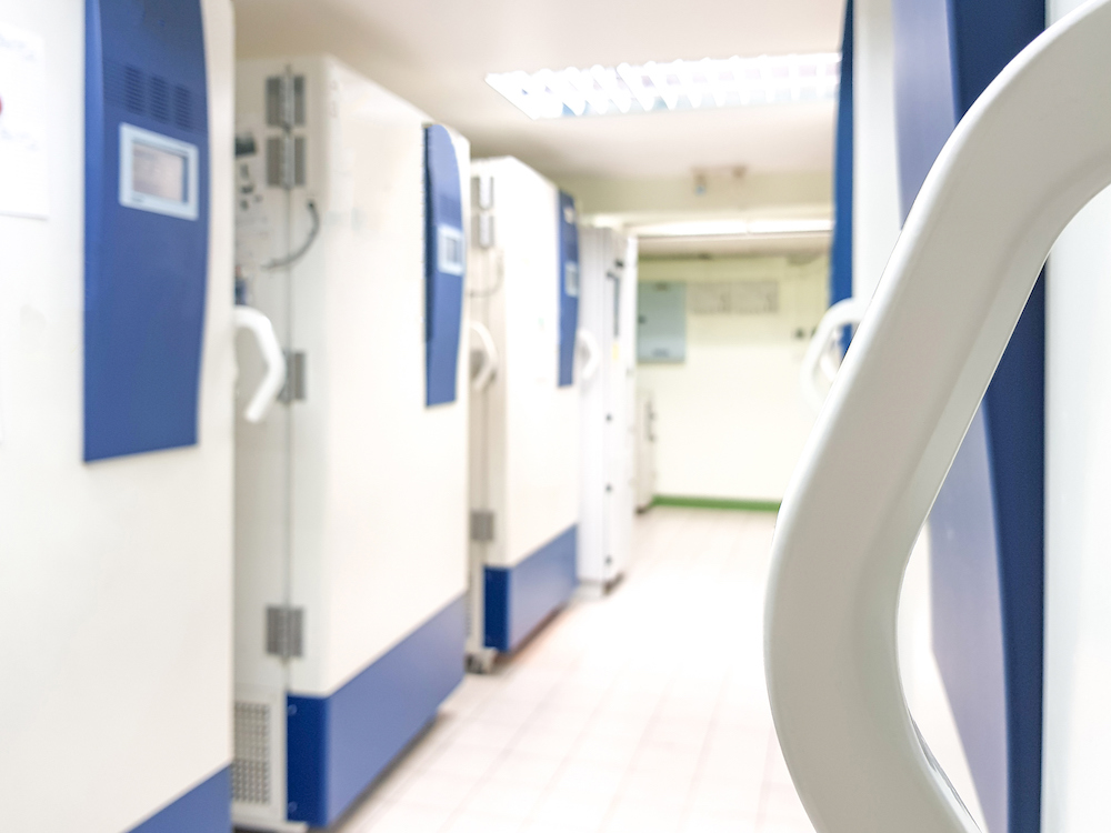 A freezer farm that stores valuable research materials and is equipped with a temperature monitoring system that notifies staff immediately when temperature jumps up